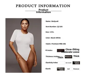 Detailed sizing chart and product specs for white short sleeve slimming bodysuit