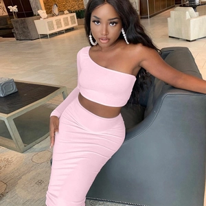 Pink two-piece sexy slim set featuring off-shoulder crop top and high waist maxi skirt