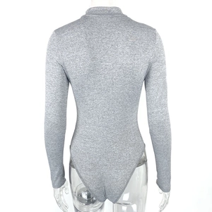 Rear view of grey knit long-sleeve bodysuit with mock neck and slim fit design