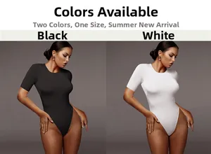 Close-up of short sleeve bodysuit in black and white colors with slim fit material