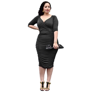 Detail of dark grey plus size V-neck dress featuring slimming horizontal ruching design