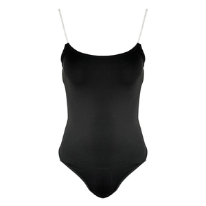 Sleek black fitted bodysuit featuring luxury diamond chain straps and a low-cut design