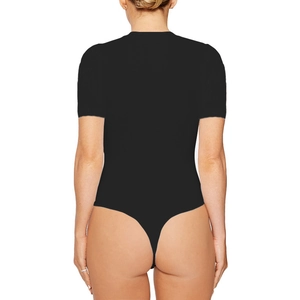 Rear view of sleek black short sleeve bodysuit with thong cut on white background