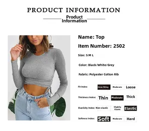 Detail view of ribbed drawstring long sleeve crop top in gray cotton polyester blend