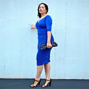 Elegant royal blue slim fit V-neck ruched dress with mid-sleeves and knee-length hem