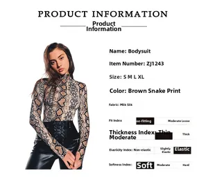 Detailed size chart and fabric specifications for snake print long sleeve bodysuit