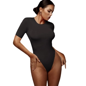 Slim fit black short sleeve bodysuit for women with a round neck and stretchy fabric