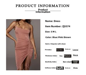 Product size chart and specifications for the bodycon drawstring slip dress in pink