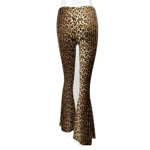 Detailed view of high-waist leopard print flare pants with wide-leg elastic design