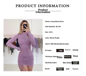 Detail view of purple bodycon dress features, sizing specs, and milk silk fabric details
