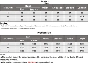 Detailed sizing chart in cm and inches for long sleeve slim fit bodysuit with lapel
