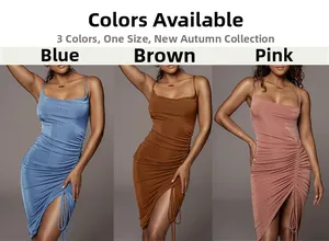 Detail of drawstring ruching and high slit on bodycon dresses in blue, brown, and pink