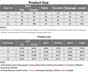 Detailed size chart in cm and inches for ribbed long sleeve bodysuit with fabric stretch guide
