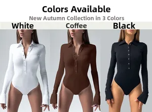 Detailed knit texture and button collar of long sleeve ribbed bodysuits in three colors