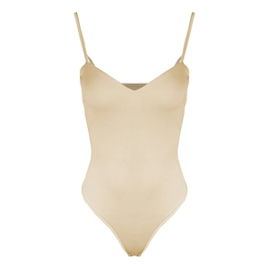 Slim fit backless bodysuit with spaghetti straps and deep V-neck in apricot color