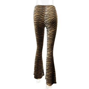 Detailed back view of high-waisted leopard print bell bottoms with tiger stripe pattern