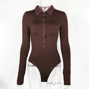Detail view of coffee brown long-sleeved bodysuit with polo collar and ribbed cuffs