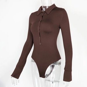 Detail of dark brown long-sleeved bodysuit with polo collar and button placket detail