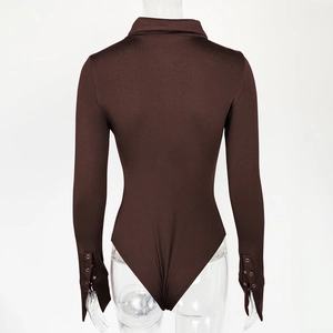 Back view of brown long sleeve bodysuit featuring collar and buttoned cuffs on sleeve