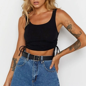 Women's black ribbed knit crop top with side drawstrings and slim fit silhouette
