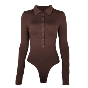 Deep brown slim fit long sleeve bodysuit with polo collar and silver snap buttons