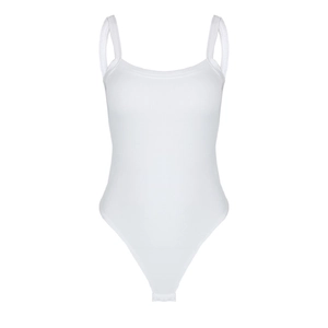 White ribbed knit short sleeve bodysuit with scoop neck and slim fit design