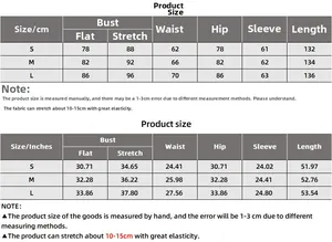 Detailed size chart in CM and Inches for high stretch long sleeve dress with slit
