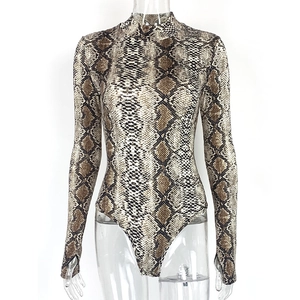 Detail of snake print bodysuit featuring high neck design and thumbhole cuffs on sleeves