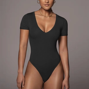 Women Sexy Deep V-Neck Short Sleeve Bodysuit Slim Fit Rayon Spandex Solid Color Jumpsuit Summer Basic Top For Daily Party