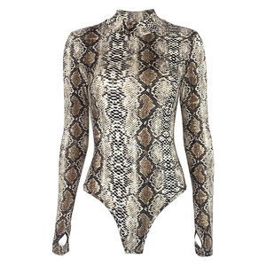 Sexy snake print long sleeve bodysuit with turtle neck and thumbhole sleeve details