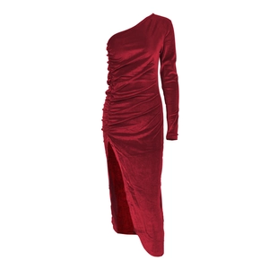 Elegant one shoulder wine red velvet dress with stylish side ruched and high slit