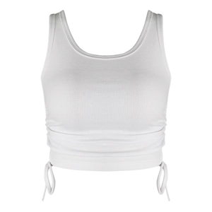 Detailed view of white ribbed tank top featuring side drawstrings and ruched texture