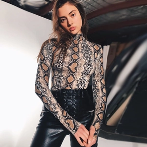 Women Sexy Snakeskin Print Bodysuit Mock Neck Long Sleeve Slim Fit Leotard With Thumb Holes Streetwear Polyester Spandex Top