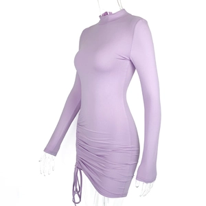 Detail view of ruched drawstring side on lavender slim-fit high-neck long-sleeve dress