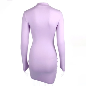 Rear view of purple slim fit mini dress with side ruching and mock neck design