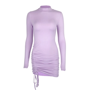 Slim fit lavender long sleeve mini dress with side drawstring ruching and high neck
