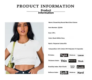 Size chart showing S M L options for cotton rib drawstring crop top with fabric details