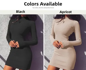 Detail von geripptem Strickgewebe am langärmeligen Rollkragenkleid in Schwarz und Beige