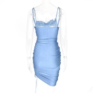 Detail of light blue ruched bodycon mini dress with satin finish and thin straps