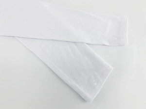 Detailed view of white bodysuit sleeves with professional double-needle stitching finish