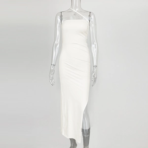 Detail of white one-shoulder bodycon dress with sexy side slit and slim fit silhouette