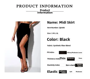 Detail view of high-waist black slit midi skirt with soft stretch fabric and slim fit