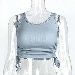 Close-up of blue ribbed knit tank top featuring adjustable side drawstrings and ruched details