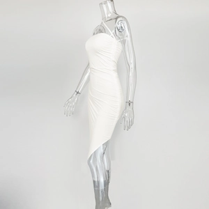 Detail of white ruched bodycon dress with asymmetric hem and thin shoulder strap