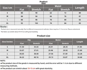 Detailed size chart for high waist skirt showing hip and waist measurements in cm and inches