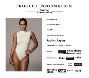 Detailed size chart and product specs for white sleeveless high neck bodysuit