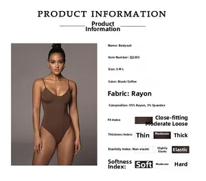 Close-up of coffee brown bodysuit fabric details and technical size chart specs