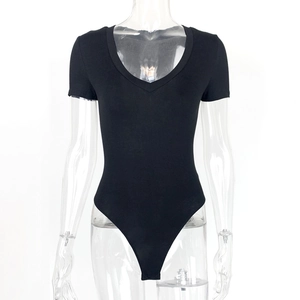 Detail of black V-neck bodysuit featuring short sleeves and sleek slim-fit ribbed texture