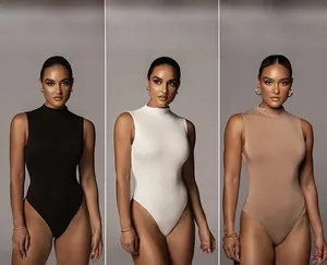 Three-color collage of sleeveless high-neck bodysuits in black, white, and apricot colors