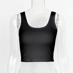 Gros plan d'un débardeur court noir à col en U sur un mannequin transparent